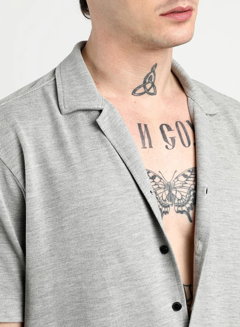 CAHOOT  Men's Light Grey Heathered Knitted Co-Ord Set For Casual Wear | Cuban Collar | Short Sleeve | Button Closure | Co-Ords Crafted With Comfort Fit For Everyday Wear for Men | Best Price UAE